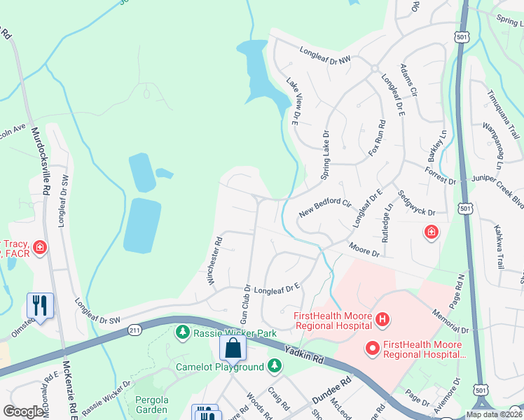 map of restaurants, bars, coffee shops, grocery stores, and more near 346 Gun Club Drive in Pinehurst