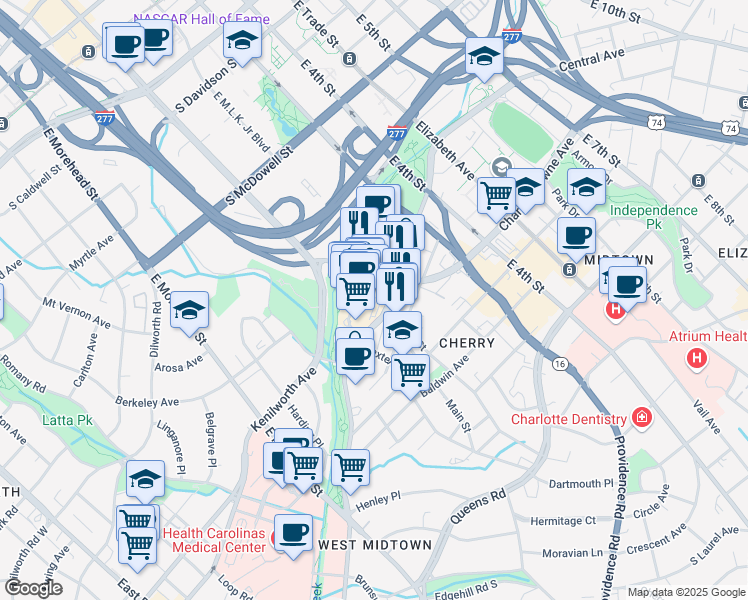 map of restaurants, bars, coffee shops, grocery stores, and more near 1111 Metropolitan Avenue in Charlotte
