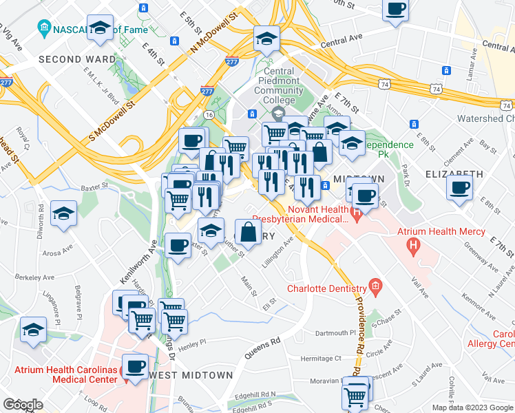 map of restaurants, bars, coffee shops, grocery stores, and more near 216 South Torrence Street in Charlotte