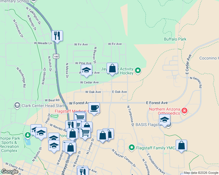 map of restaurants, bars, coffee shops, grocery stores, and more near 1507 North San Francisco Street in Flagstaff