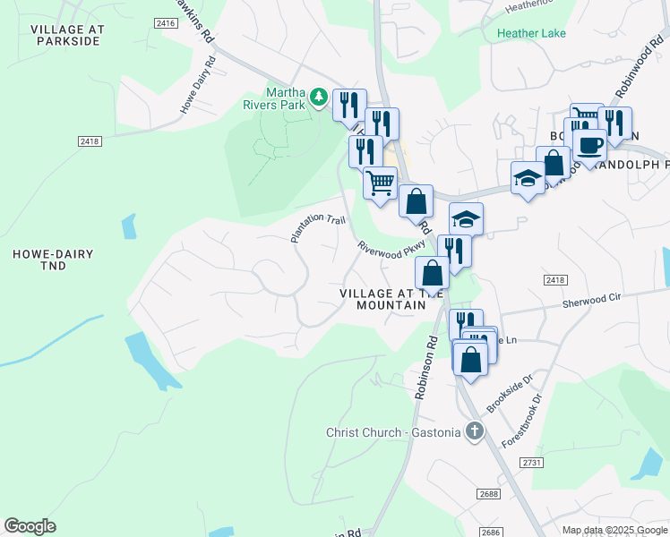 map of restaurants, bars, coffee shops, grocery stores, and more near 3083 Drayton Hall Way in Gastonia