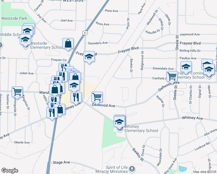 map of restaurants, bars, coffee shops, grocery stores, and more near 3184 Madewell Street in Memphis