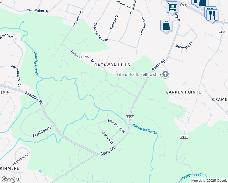 map of restaurants, bars, coffee shops, grocery stores, and more near 4015 Broadview Ln in Gastonia