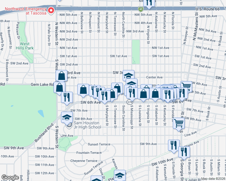 map of restaurants, bars, coffee shops, grocery stores, and more near 409 South Tennessee Street in Amarillo