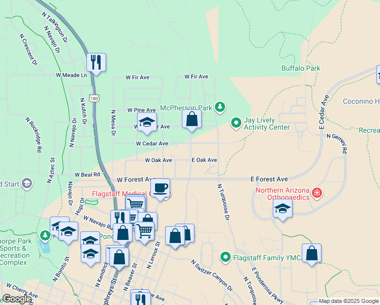 map of restaurants, bars, coffee shops, grocery stores, and more near 1508 North San Francisco Street in Flagstaff
