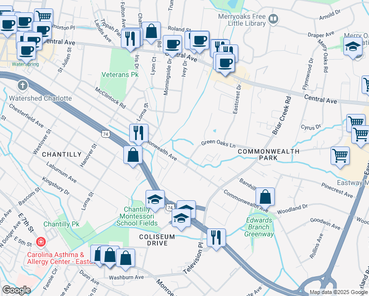 map of restaurants, bars, coffee shops, grocery stores, and more near 1215 Green Oaks Lane in Charlotte