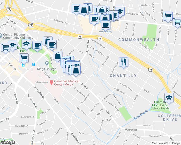 map of restaurants, bars, coffee shops, grocery stores, and more near in Charlotte