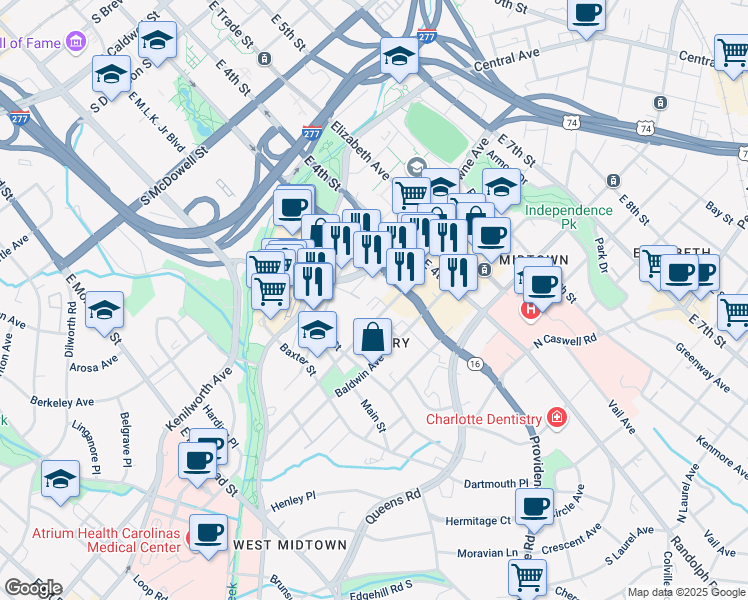 map of restaurants, bars, coffee shops, grocery stores, and more near 216 South Torrence Street in Charlotte