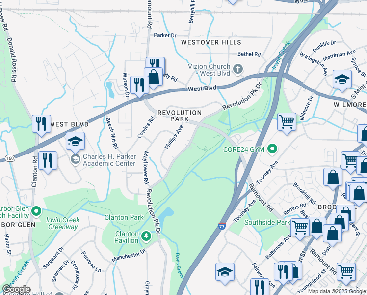 map of restaurants, bars, coffee shops, grocery stores, and more near 2661 Barringer Drive in Charlotte