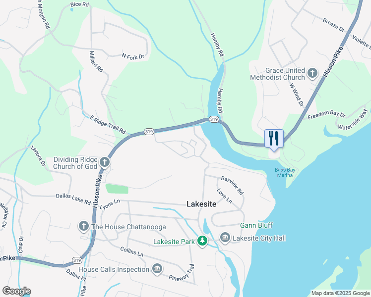 map of restaurants, bars, coffee shops, grocery stores, and more near 8806 Shady Wood Ln in Lakesite