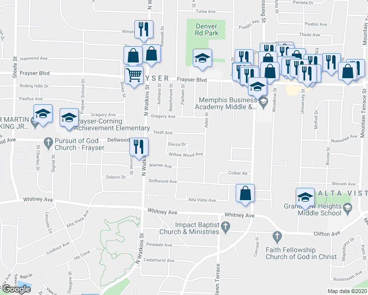 map of restaurants, bars, coffee shops, grocery stores, and more near 3181 Parham Street in Memphis