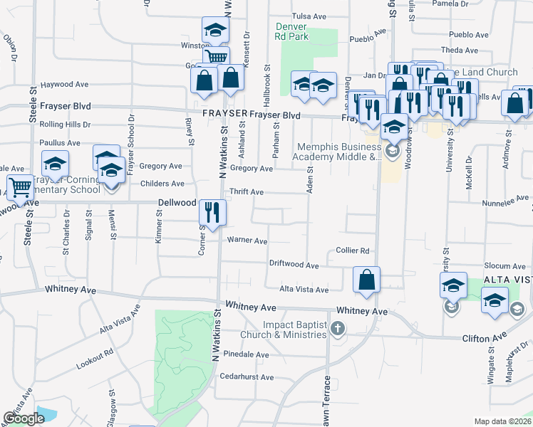 map of restaurants, bars, coffee shops, grocery stores, and more near 3184 Beechmont Street in Memphis