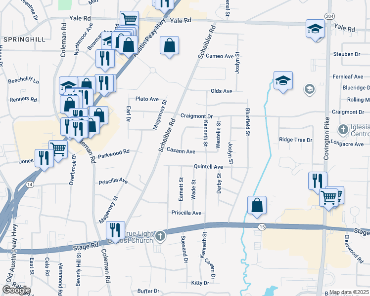 map of restaurants, bars, coffee shops, grocery stores, and more near 4698 Casann Avenue in Memphis