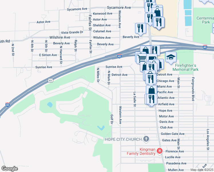map of restaurants, bars, coffee shops, grocery stores, and more near 941 Foothill Avenue in Kingman