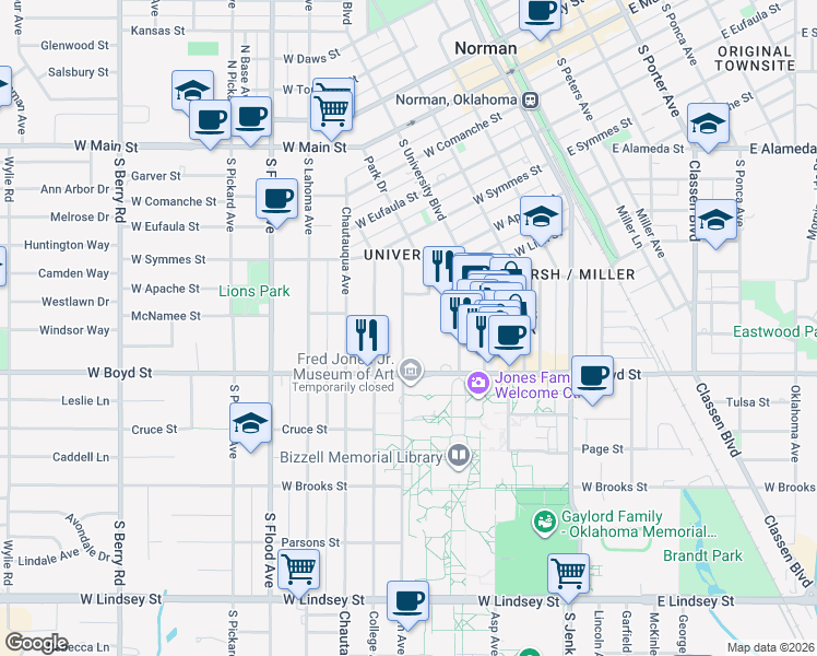 map of restaurants, bars, coffee shops, grocery stores, and more near 463 Elm Avenue in Norman