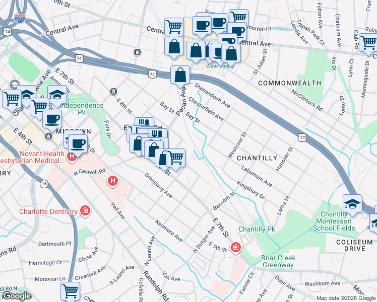 map of restaurants, bars, coffee shops, grocery stores, and more near in Charlotte