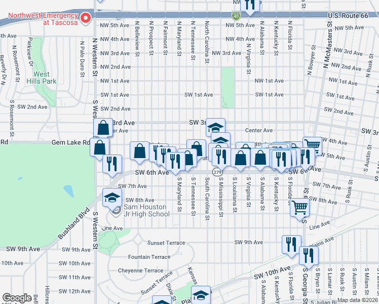 map of restaurants, bars, coffee shops, grocery stores, and more near 409 South Tennessee Street in Amarillo