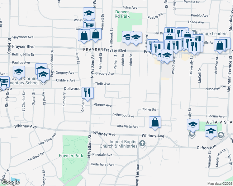 map of restaurants, bars, coffee shops, grocery stores, and more near 3181 Parham Street in Memphis