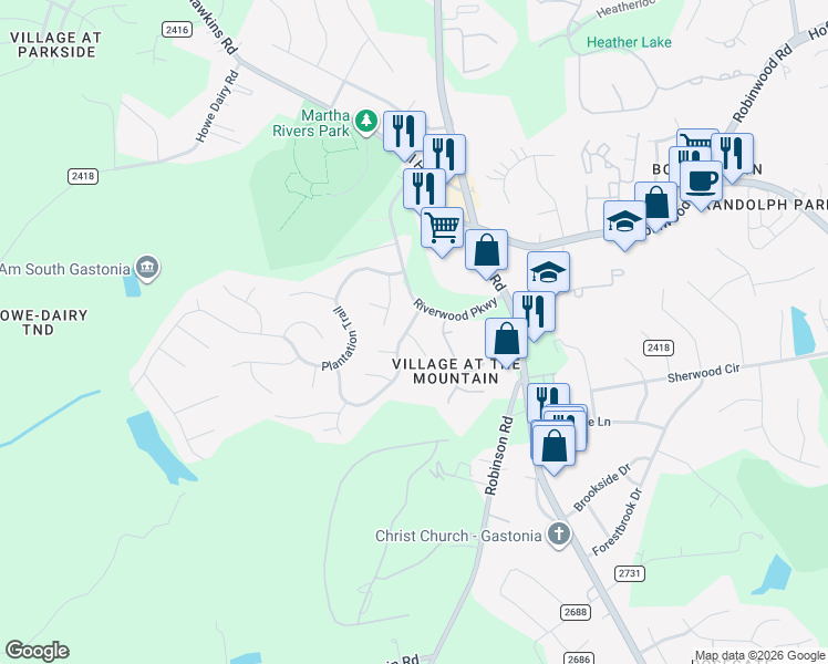 map of restaurants, bars, coffee shops, grocery stores, and more near 3128 River Trce in Gastonia