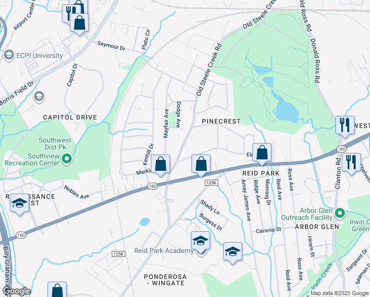map of restaurants, bars, coffee shops, grocery stores, and more near 2801 Old Steele Creek Road in Charlotte