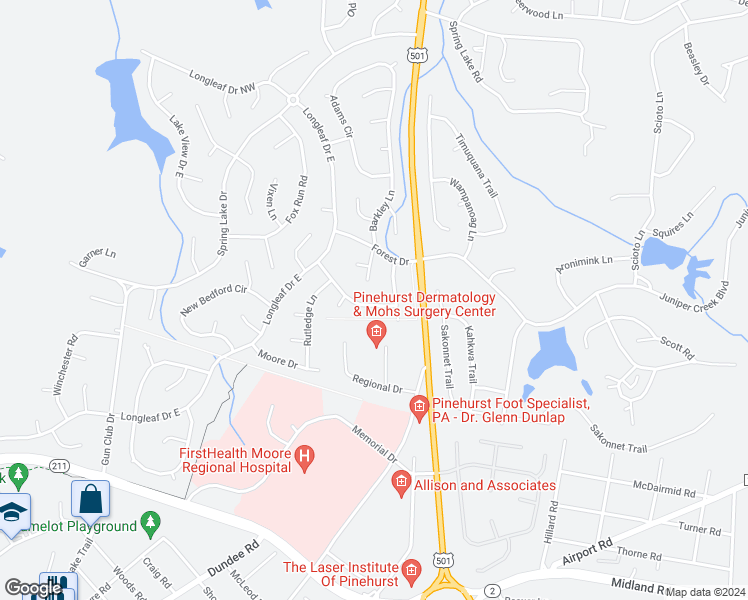 map of restaurants, bars, coffee shops, grocery stores, and more near 25 Sedgwyck Drive in Pinehurst