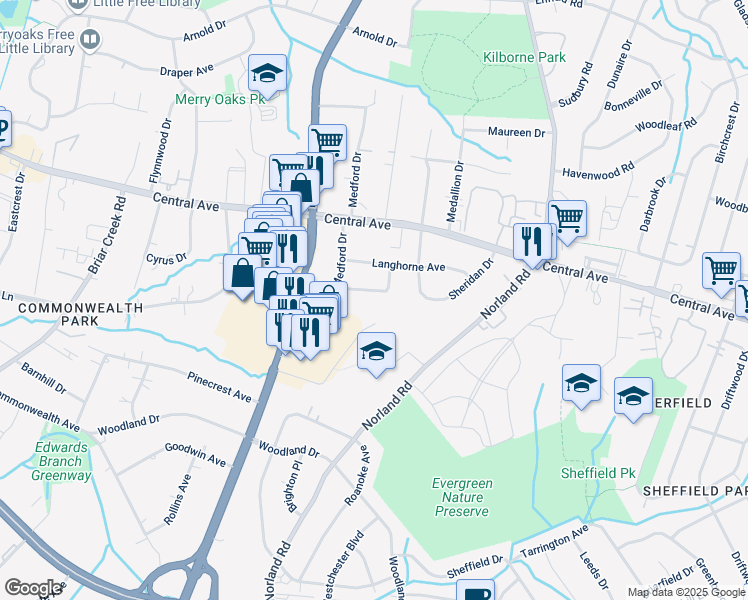 map of restaurants, bars, coffee shops, grocery stores, and more near 3936 Belcross Drive in Charlotte