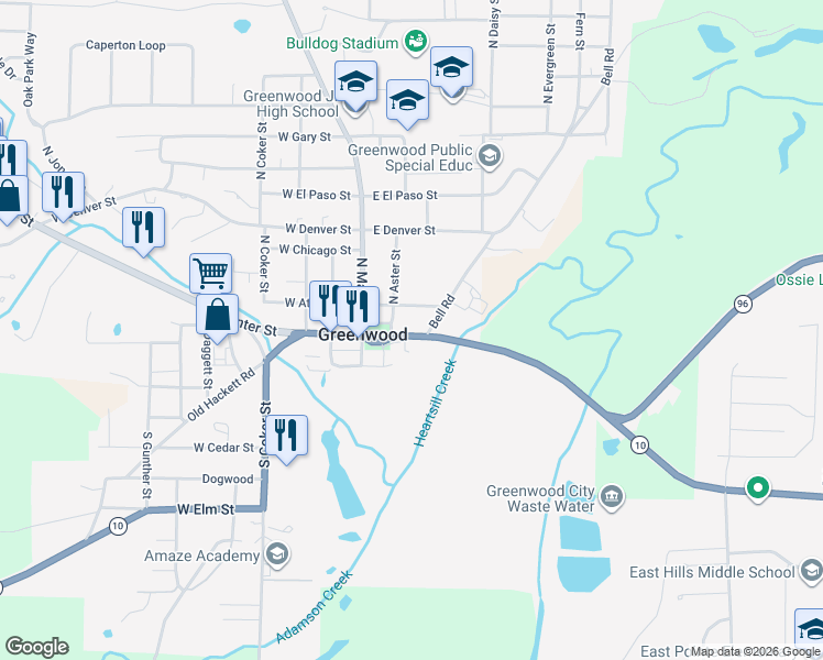 map of restaurants, bars, coffee shops, grocery stores, and more near 354 East Center Street in Greenwood