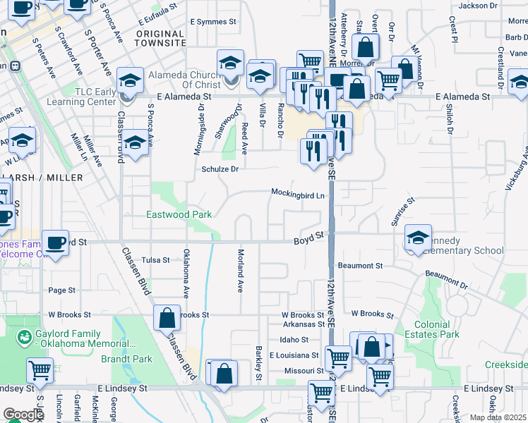 map of restaurants, bars, coffee shops, grocery stores, and more near 1220 Barkley Avenue in Norman