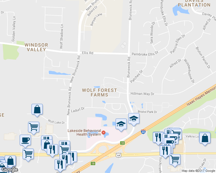 map of restaurants, bars, coffee shops, grocery stores, and more near 8722 Brunswick Forest Dr in Bartlett