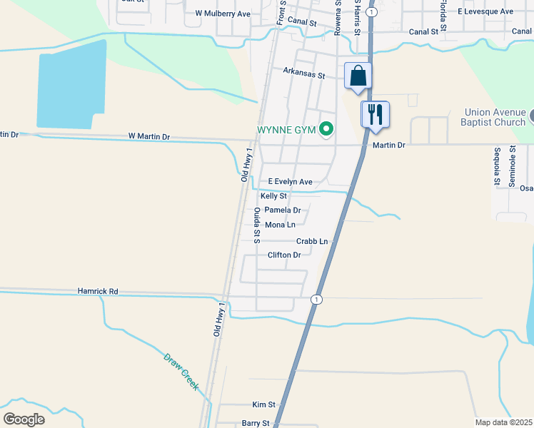 map of restaurants, bars, coffee shops, grocery stores, and more near 203 Pamela Drive in Wynne