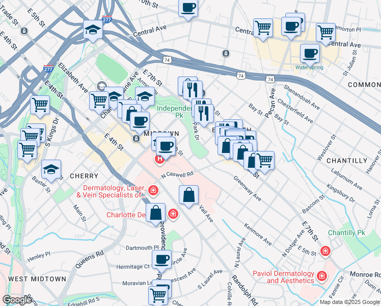 map of restaurants, bars, coffee shops, grocery stores, and more near 1830 Park Drive in Charlotte