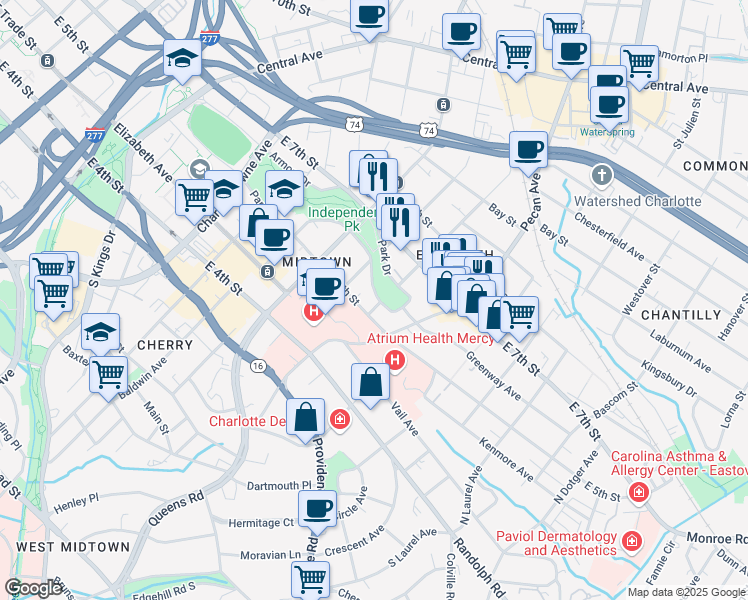 map of restaurants, bars, coffee shops, grocery stores, and more near 1830 Park Drive in Charlotte