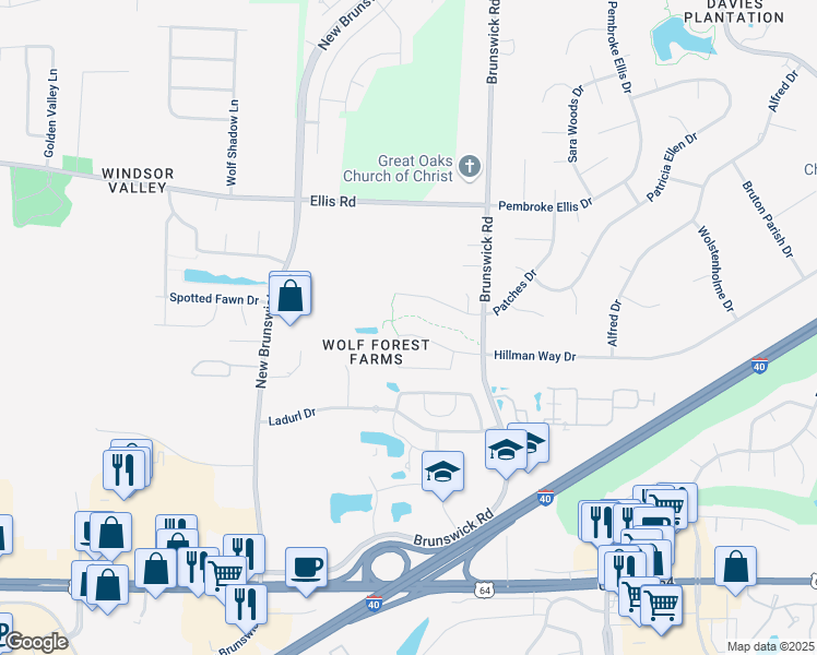 map of restaurants, bars, coffee shops, grocery stores, and more near 8722 Brunswick Forest Drive in Memphis