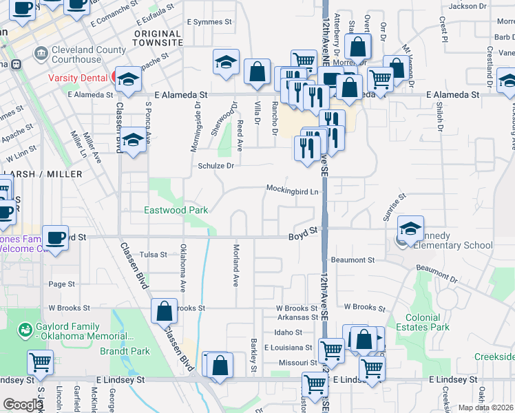 map of restaurants, bars, coffee shops, grocery stores, and more near 1220 Barkley Avenue in Norman