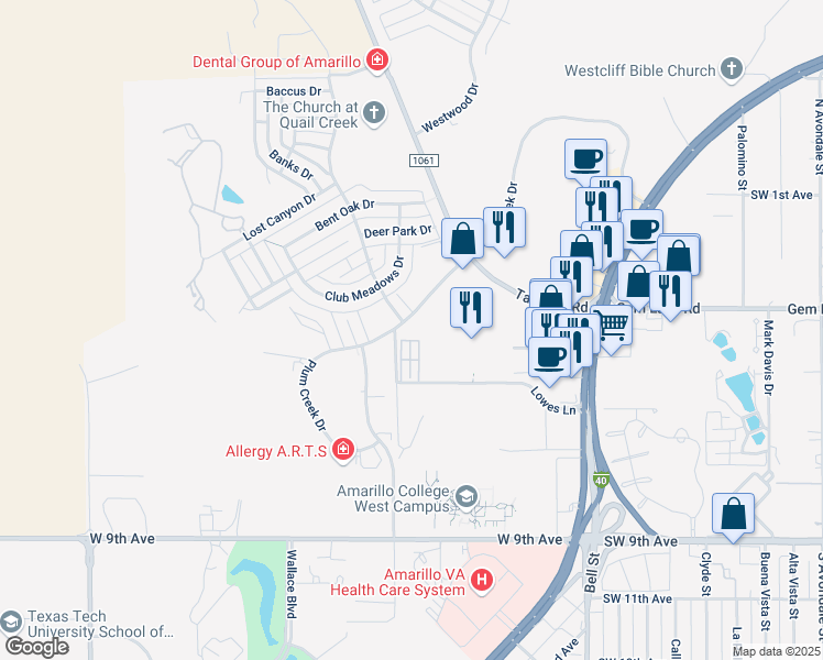 map of restaurants, bars, coffee shops, grocery stores, and more near 8741 Plum Creek Drive in Amarillo