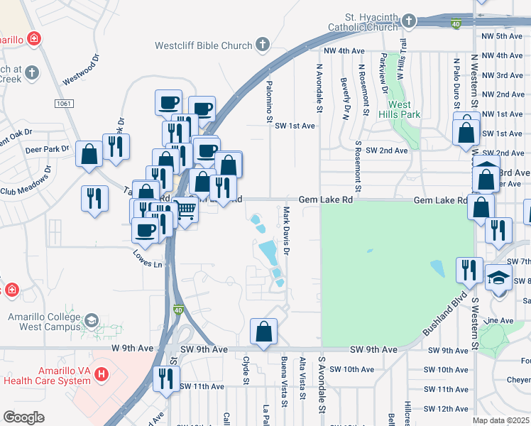 map of restaurants, bars, coffee shops, grocery stores, and more near 412 Les Street in Amarillo