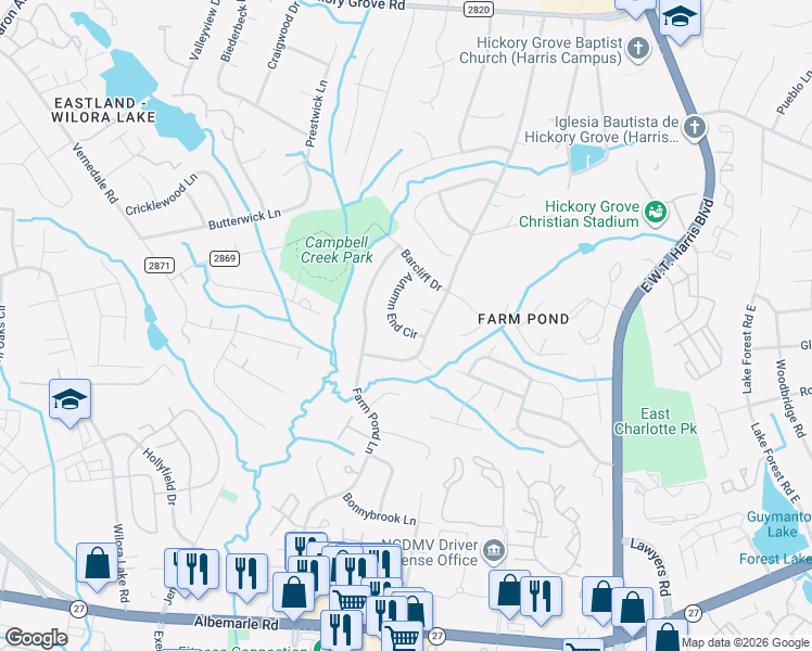 map of restaurants, bars, coffee shops, grocery stores, and more near 5527 Autumn End Circle in Charlotte