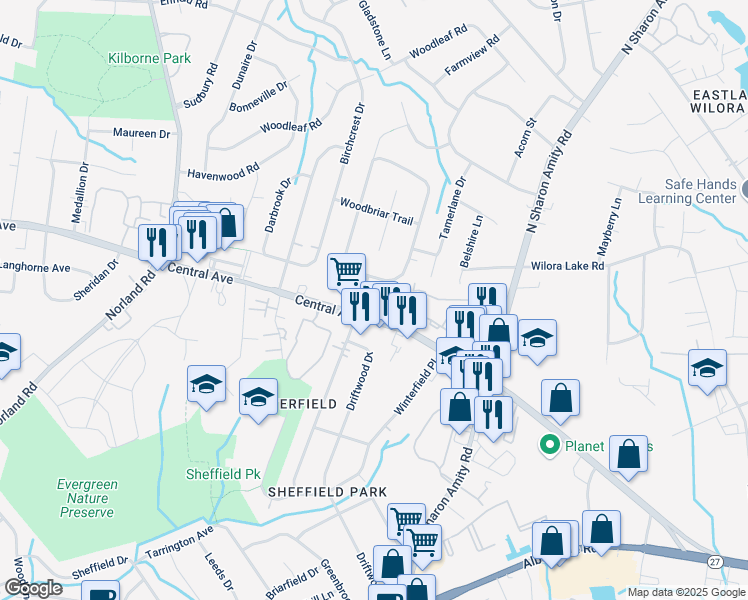map of restaurants, bars, coffee shops, grocery stores, and more near 4016 Rosehaven Drive in Charlotte