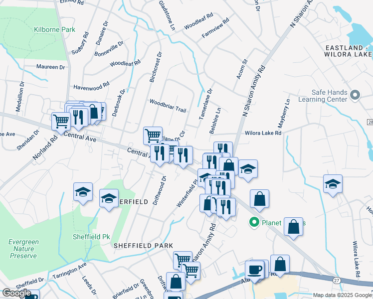 map of restaurants, bars, coffee shops, grocery stores, and more near 4911 Central Avenue in Charlotte