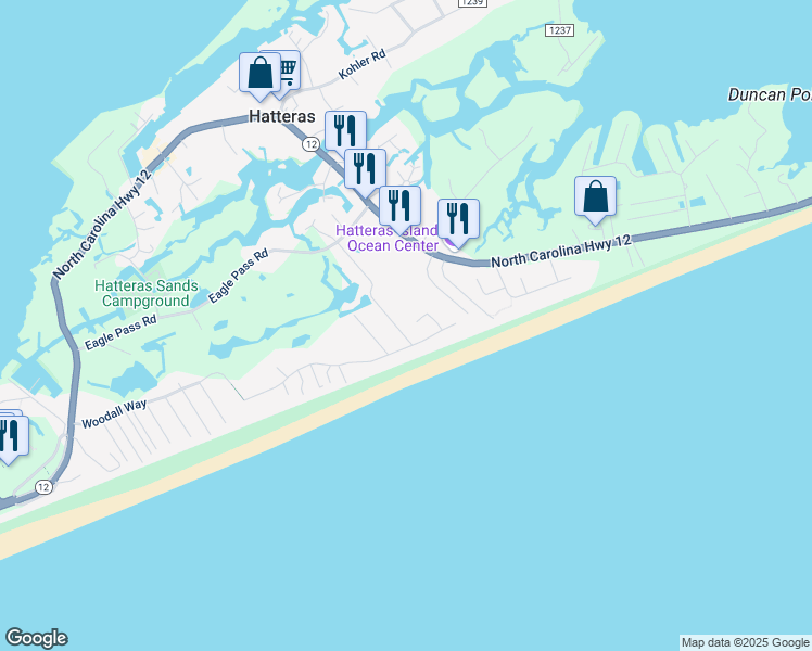 map of restaurants, bars, coffee shops, grocery stores, and more near 57249 Flambeau Road in Hatteras