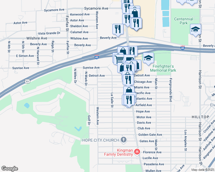 map of restaurants, bars, coffee shops, grocery stores, and more near 1733 Miami Avenue in Kingman