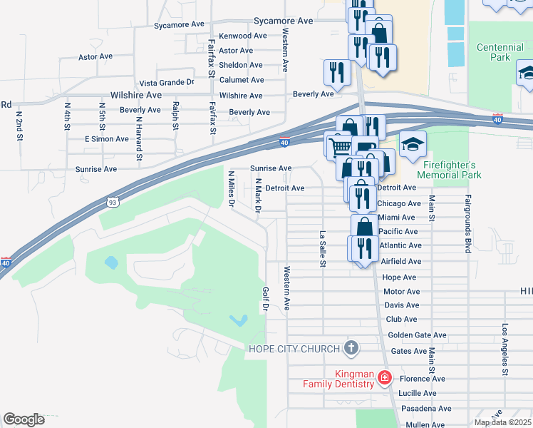 map of restaurants, bars, coffee shops, grocery stores, and more near 941 Foothill Ave in Kingman