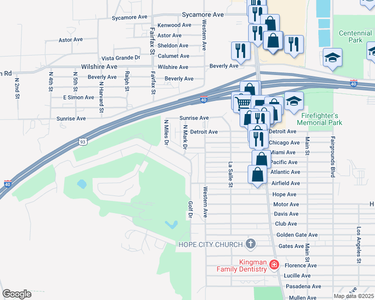 map of restaurants, bars, coffee shops, grocery stores, and more near 941 Foothill Ave in Kingman