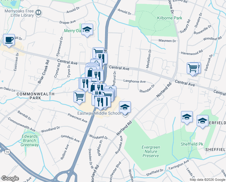 map of restaurants, bars, coffee shops, grocery stores, and more near 3900 Belcross Drive in Charlotte