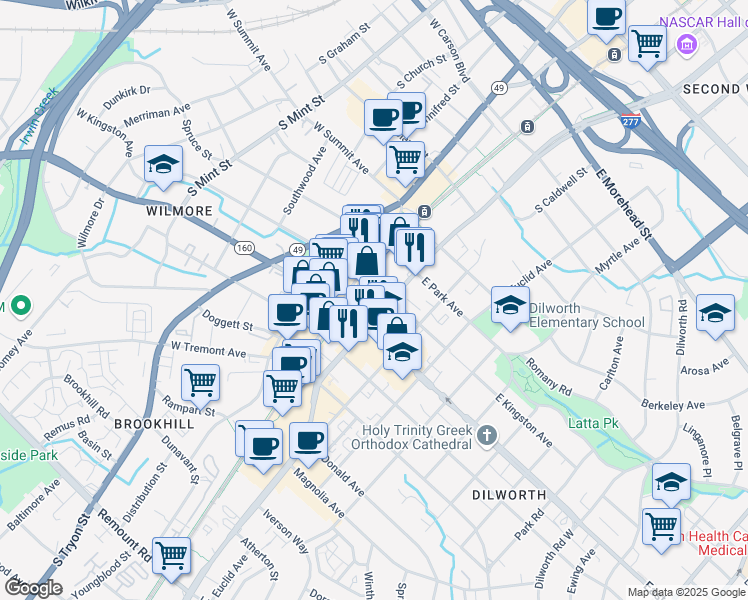 map of restaurants, bars, coffee shops, grocery stores, and more near in Charlotte