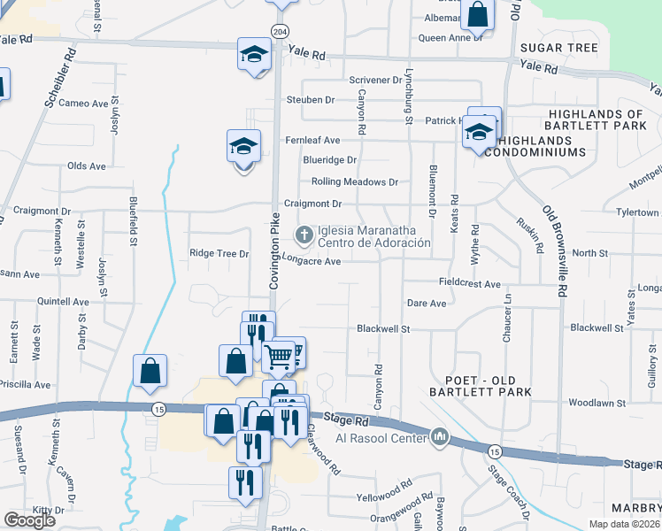 map of restaurants, bars, coffee shops, grocery stores, and more near 5139 Longacre Avenue in Memphis
