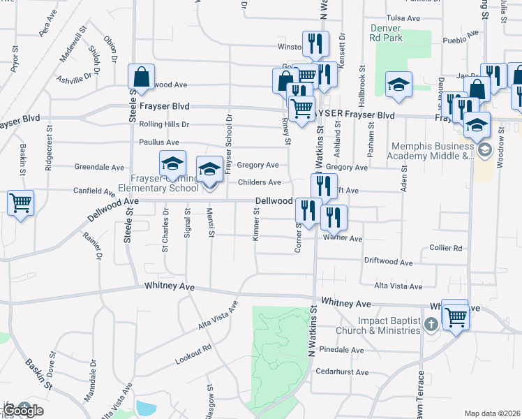 map of restaurants, bars, coffee shops, grocery stores, and more near 3183 Kimner Street in Memphis