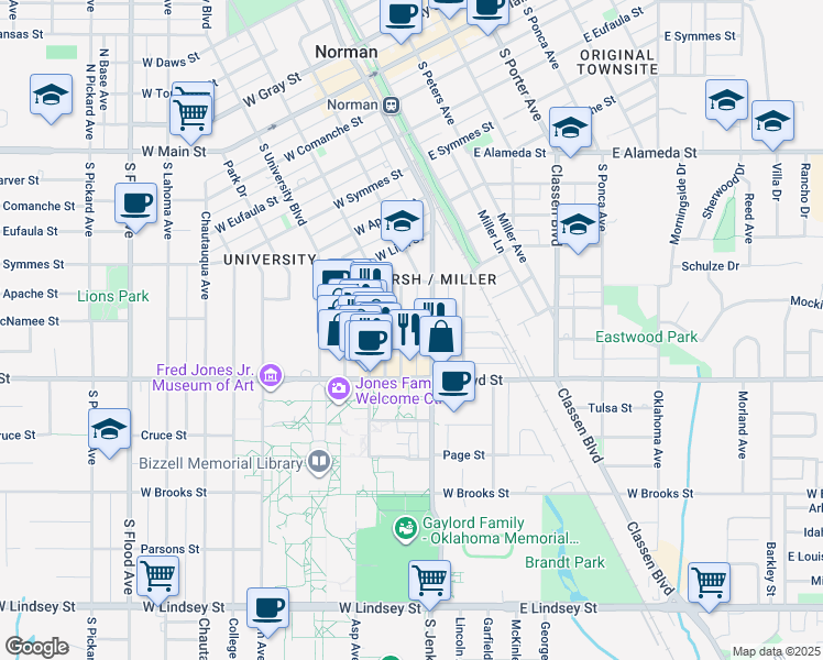 map of restaurants, bars, coffee shops, grocery stores, and more near 750 South Jenkins Avenue in Norman