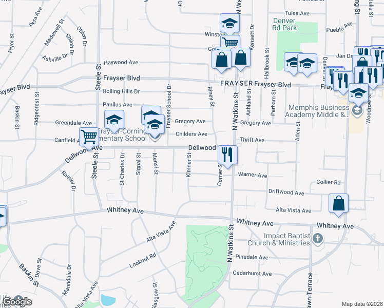 map of restaurants, bars, coffee shops, grocery stores, and more near 3183 Kimner Street in Memphis