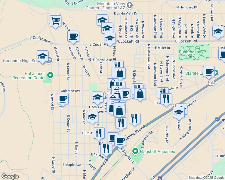 map of restaurants, bars, coffee shops, grocery stores, and more near 2501 North Fourth Street in Flagstaff